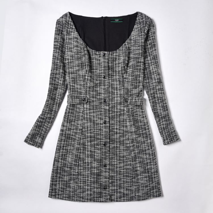 Women's Round Neck Waist Cinched Long Sleeved Dress