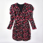 Ladies' Small V Neck Pleated Bubble Sleeve Slim Fit Dress