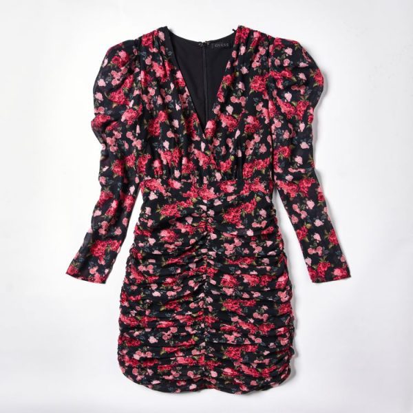 Ladies' Small V Neck Pleated Bubble Sleeve Slim Fit Dress