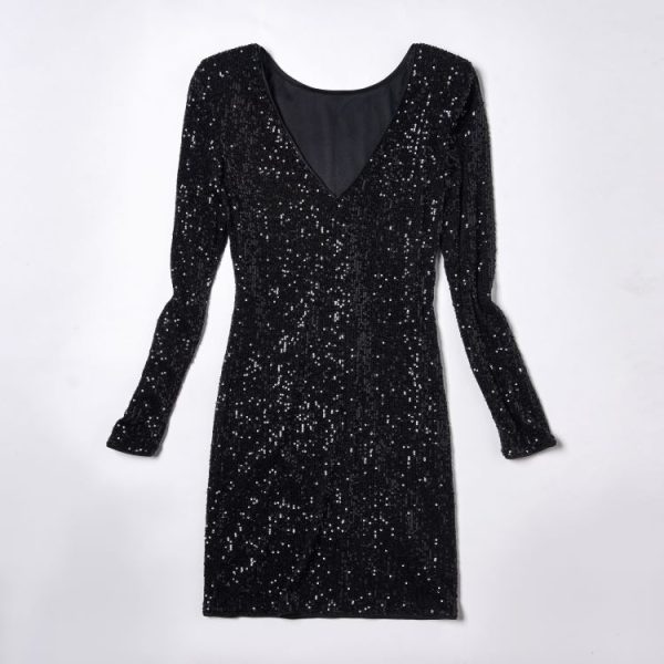 Ladies' V Neck Slim Fit Waist Cinched Long Sleeved Dress
