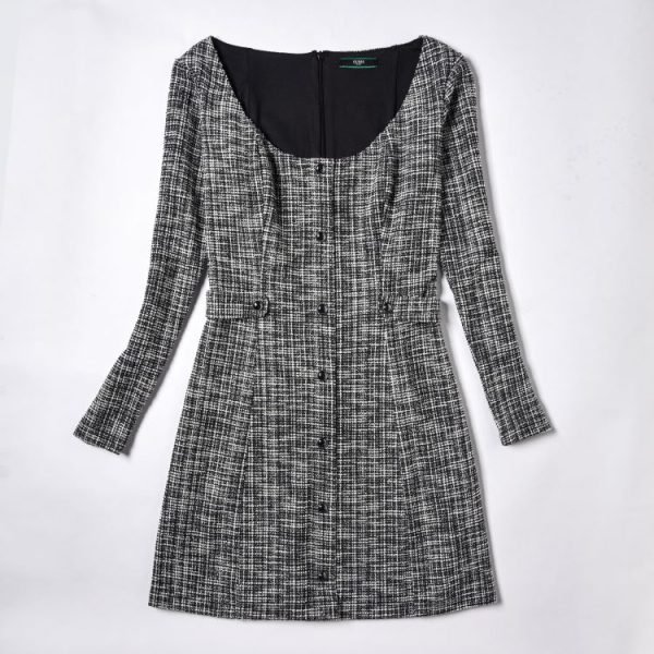 Women's Round Neck Waist Cinched Long Sleeved Dress